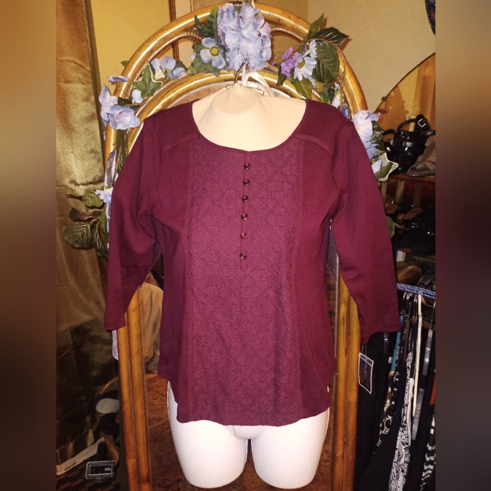 Burgundy casual top with lace overlay on chest area. NWT